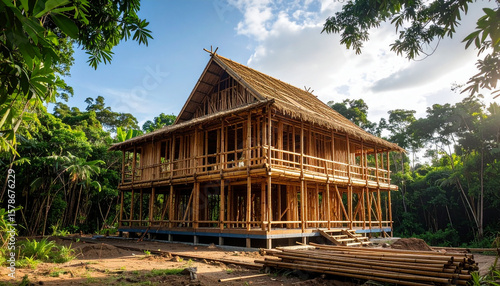 Traditional wooden house construction lush green forest setting with scaffolding and building details visible, surrounded by vibrant trees