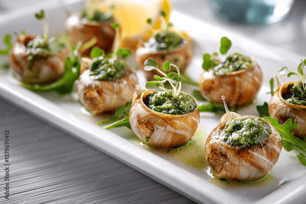 Elegant escargots de Bourgogne with rich garlic butter presentation Elegant escargots de Bourgogne with rich garlic butter presentation
