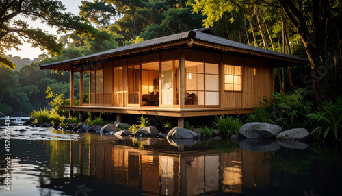 Wooden house built on stilts over calm river surrounded by lush green trees during sunset, creating peaceful and natural atmosphere