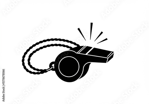 Black silhouette of a referee s whistle with a braided cord and sound waves