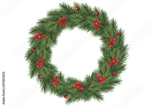A beautiful watercolor christmas wreath with green fir branches and red berries