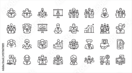 Business Professionals - a clean vector icon collection. Flawlessly designed. This collection features icons like Individuals, Collaboration, Presentation, Leadership, Development, Manager, Achievemen
