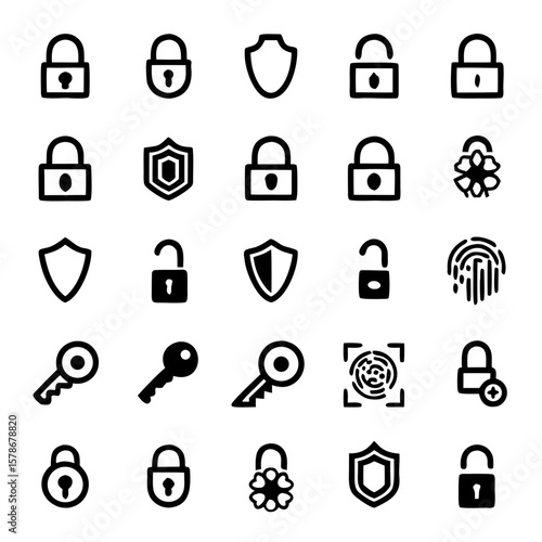 Security Icon Vector Pack – Minimalist Padlock, Shield, Key & Fingerprint Icons for Cybersecurity, Apps, and UI Design (Outline Clean Style)