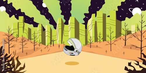 Background art illustration of abandoned helmet space suit on unknown planet with wasted terrain like dessert, canyon, ruined forest,  psychedelic groovy retro style. poster wallpaper backdrop