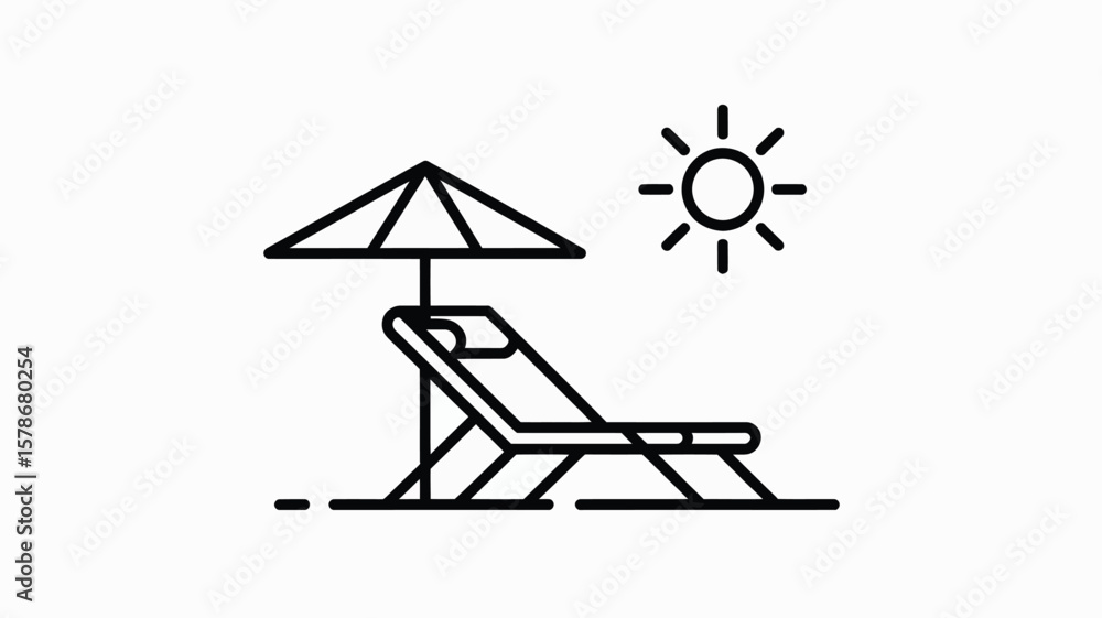 Relaxing beach chair under umbrella with sun icon, a summer vacation line art symbol. Relaxing beach chair under umbrella with sun icon, a summer vacation line art symbol.