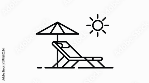 Relaxing beach chair under umbrella with sun icon, a summer vacation line art symbol.