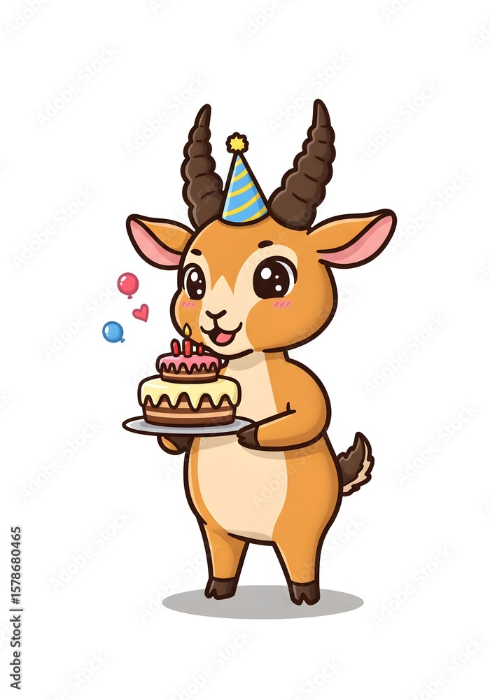 Fototapeta premium Cartoon Gazelle Celebrating Birthday with Cake
