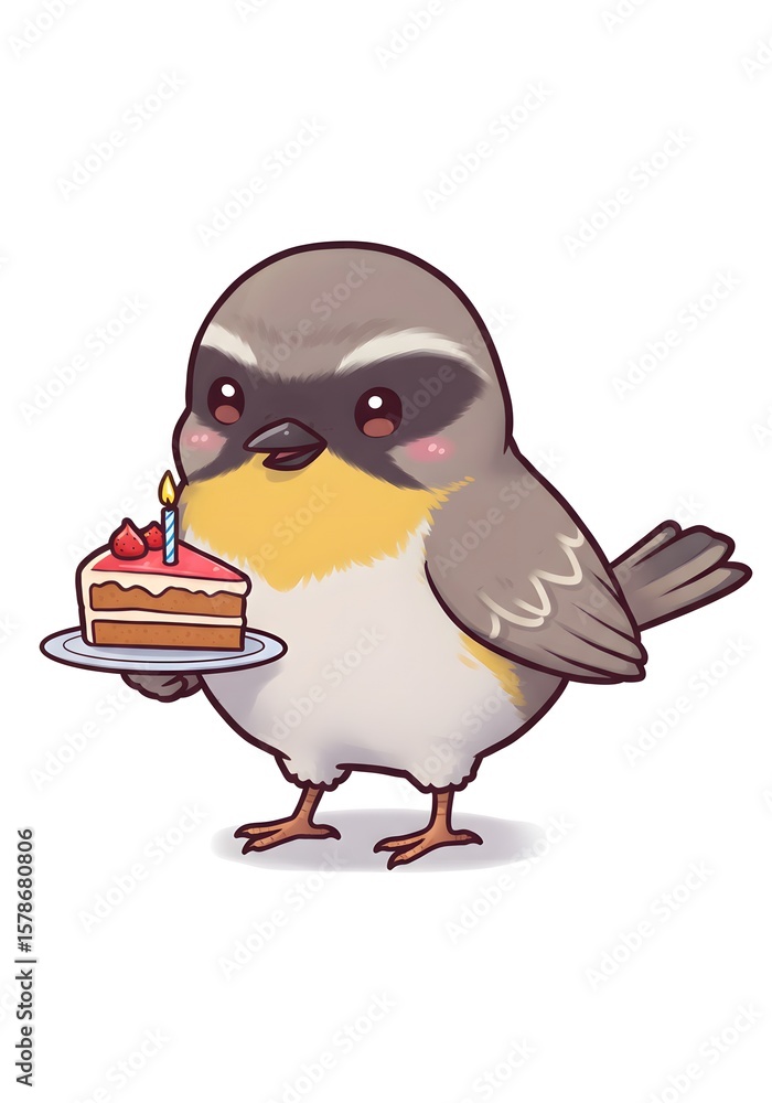 Obraz premium Cute Bird with Birthday Cake Illustration