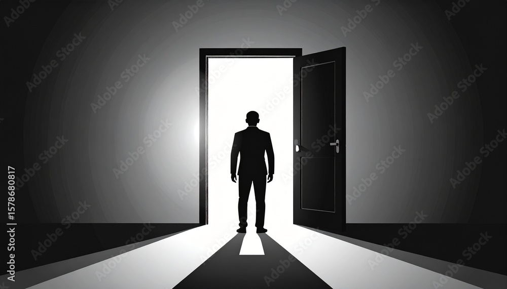 Obraz premium Generated image Black and white silhouette of a person opening a door into bright light