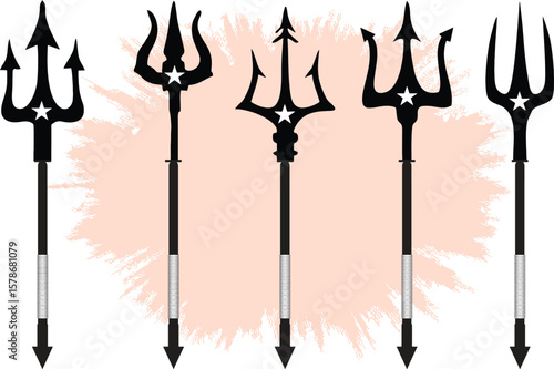 Silhouettes of trident. Design element for label, sign, emblem, poster. Neptune trident symbols. Vector, EPS 10.
