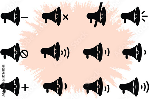 Editable Vector black speaker icons set as silent, increasing or decreasing volume. Easy to change color, size and manipulate for designing purpose. EPS 10
