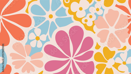 Retro floral pattern featuring pink orange blue and yellow flowers scattered on a cream background