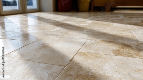 Sunlit travertine tile floor with natural stone pattern and light reflections