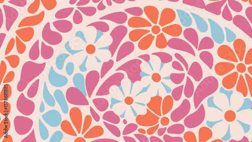 Retro floral pattern with orange flowers and pink and blue abstract shapes on off white background