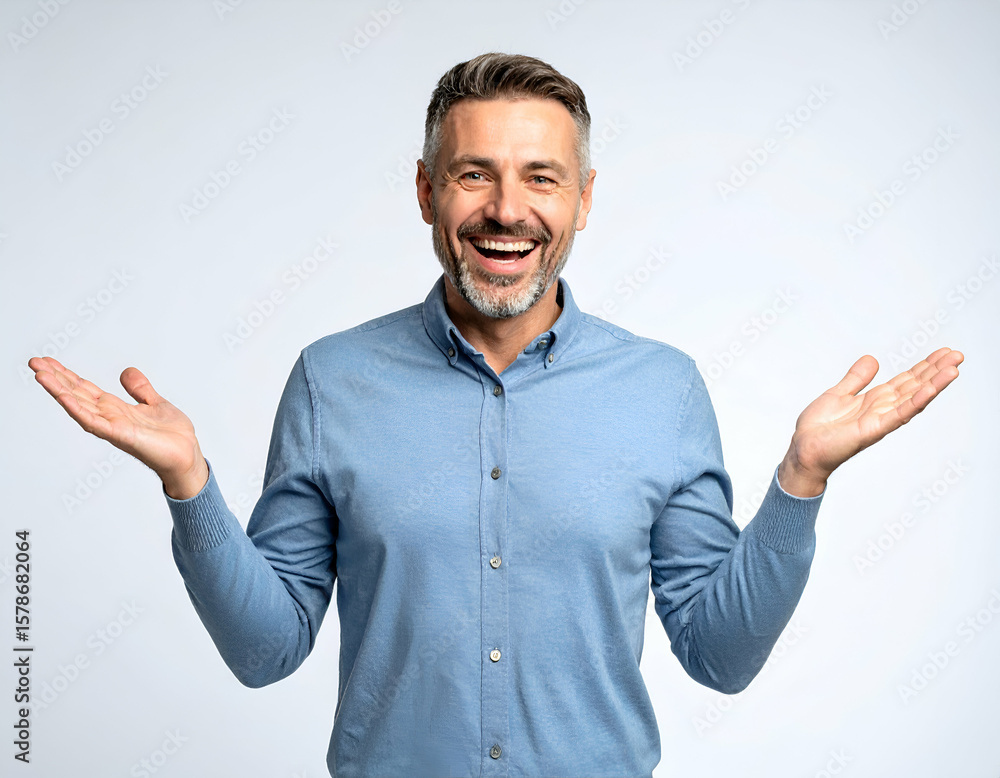 Naklejka premium Adult Male showing amused facial expression with arms open, half-body portrait, studio lighting, isolated on pure white background, commercial stock photo style
