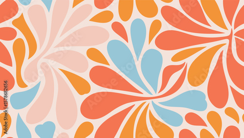 Retro floral pattern with orange, pink, and blue teardrop shapes in a repeating design style of the 1970s