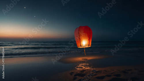 Illuminated sky lantern floating above the beach at dusk with the ocean and stars visible behind