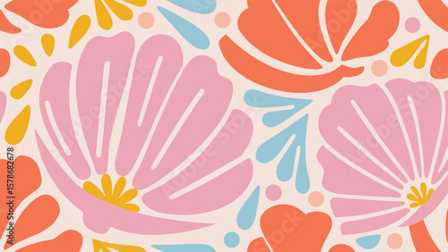 Floral pattern with pink and orange flowers and blue teardrop shapes on a cream background design element