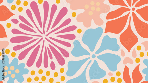 Floral pattern with pink, blue, and orange flowers and yellow dots on a cream colored background