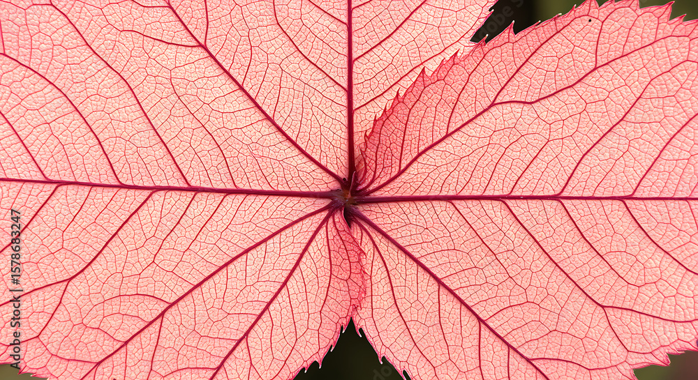 Obraz premium Delicate leaf structure in shades of red and pink reveals intricate veins, showcasing nature's artistry in a close-up.