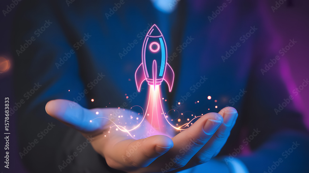 Neon rocket launch from open hand symbolizing business startup success