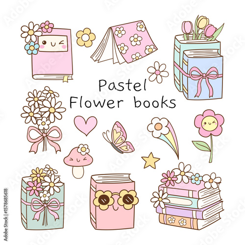 Draw vector illustration collection floral bookish Pastel book lover Classroom decor Doodle cartoon style