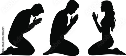 Silhouette Vector: Sad Man Praying on Knees, Praying Man Silhouette - Vector Illustration, Depressed Man in Prayer Pose