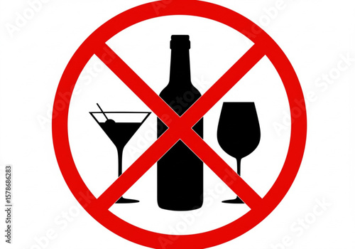 No alcohol allowed sign with bottle and glasses