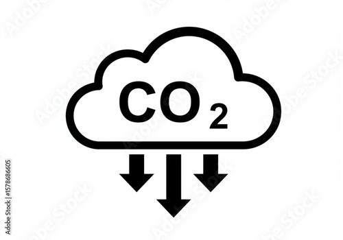 Cloud icon with co2 text and downward arrows symbolizing emission reduction
