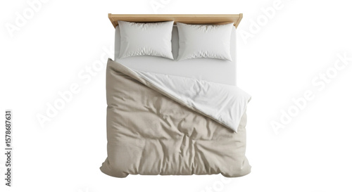 Top down view of bed with pillows and duvet isolated PNG with Transparent Background