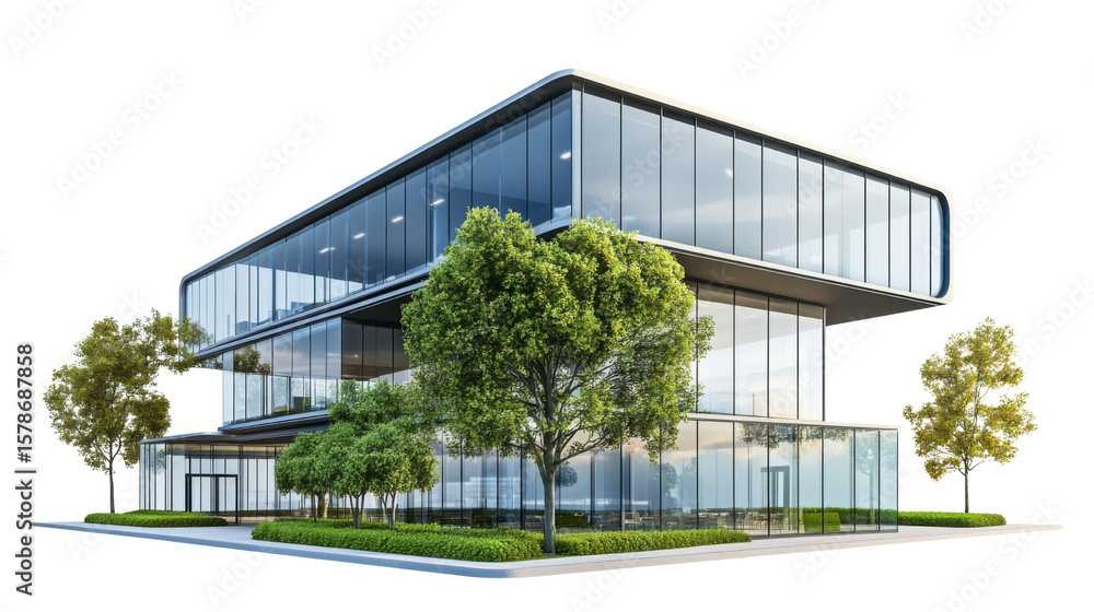 Fototapeta premium Modern glass office building with trees on white background