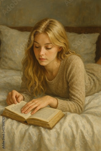 beautiful woman reading a book on the bed AI generated