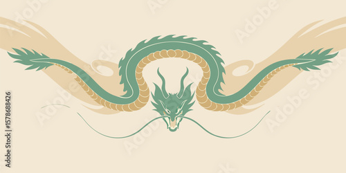 Green dragon with tan accents on cream background chinese dragon