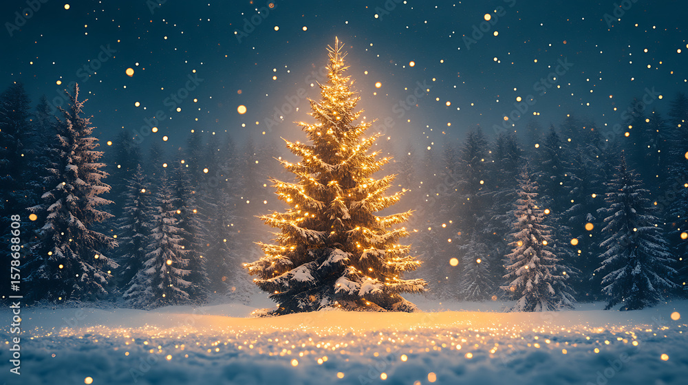 Naklejka premium Illuminated Christmas tree surrounded by snow-covered forest, with falling snowflakes creating a magical atmosphere