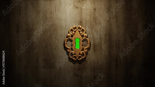 Wall or door with a keyhole. The camera flies through the keyhole and and reveals the green screen - video transition	