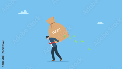Businessman carrying big debt money bag with hole losing money banknotes. Debt burden, financial obligation or loan payment, heavy load of money failure, mortgage or borrowing money problem.