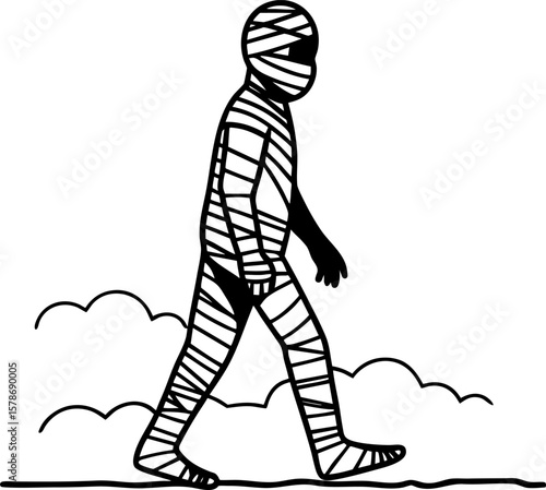 A stylized black and white illustration of a mummified figure walking.