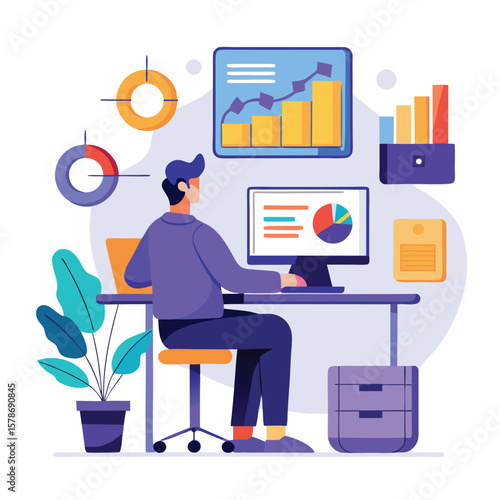 Man working at desk with data charts computer graphs