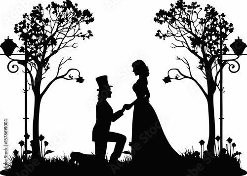 "Silhouette of a Romantic Marriage Proposal in a Victorian Garden Setting, with a Man on One Knee Offering His Heart to a Graceful Woman Beneath Lantern-Lit Trees and Blossoming Surroundings, Capturin