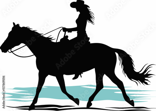 "Silhouette of a Confident Woman Riding a Horse Along a Serene Waterside Path, Her Hat and Hair Flowing in the Breeze as She Embodies Grace, Independence, and the Spirit of Unrestrained Journey Throug