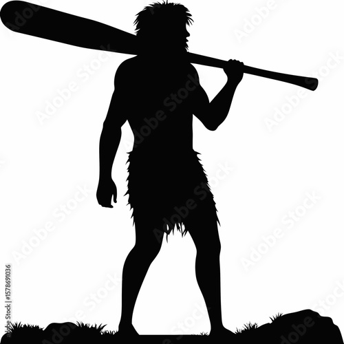 "Silhouette of a Prehistoric Caveman Standing on Rocky Terrain with a Large Wooden Club Slung Over His Shoulder, Representing Early Human Survival, Strength, and the Raw Spirit of Ancient Evolutionary