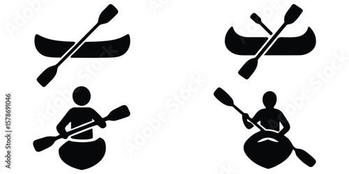 Set of kayaking logo silhouette icons. Water sports race, canoeing and kayaking vector illustration.