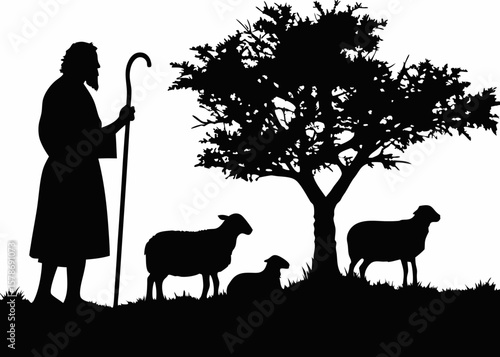 Shepherd with Sheep Silhouette in Rural Farm Landscape