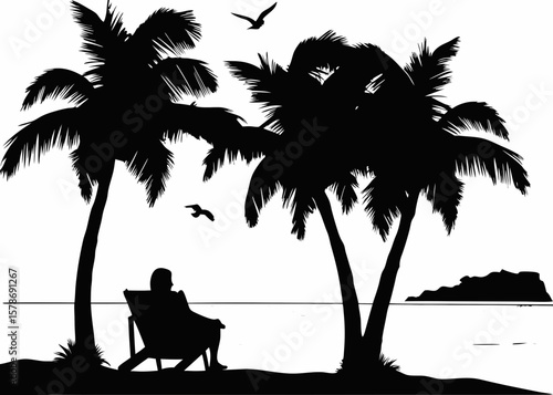 Tranquil Silhouette of a Person Lounging Beneath Swaying Palm Trees on a Serene Beachfront, Gazing Toward the Distant Island Horizon as Seabirds Soar Across a Peaceful Tropical Sunset Sky
