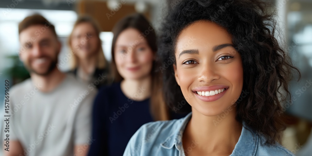 Obraz premium Smiling african female leader with diverse team in office