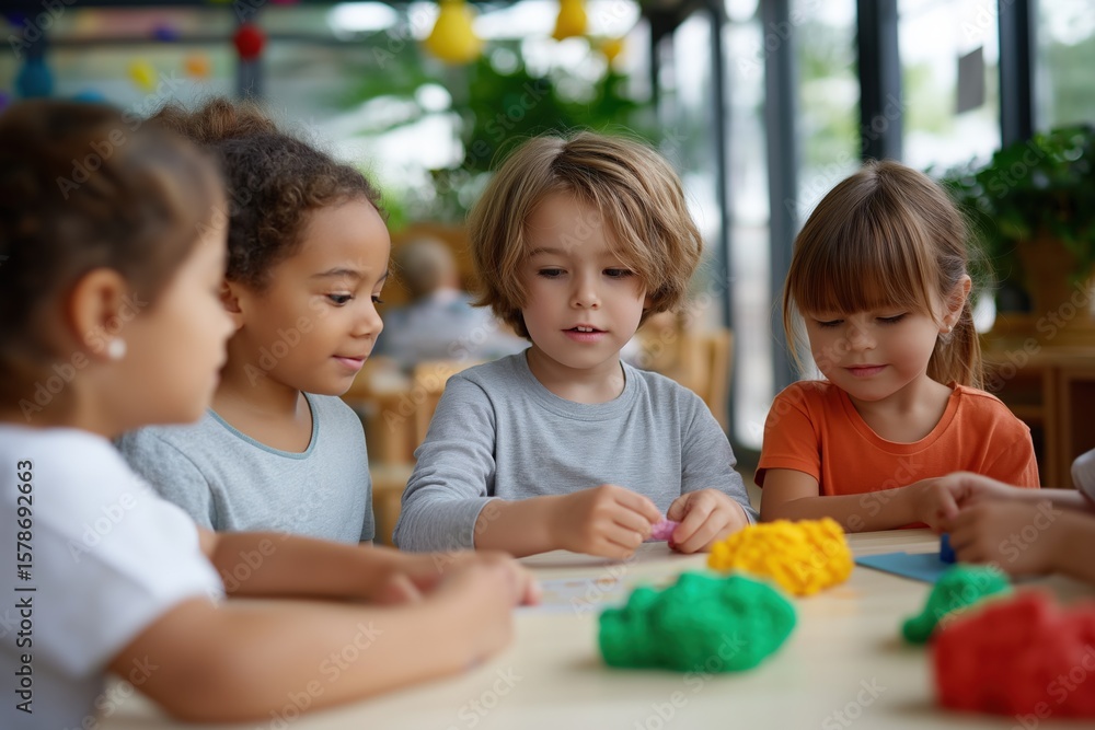 Obraz premium Diverse children engaged in playful learning with colorful clay in classroom setting