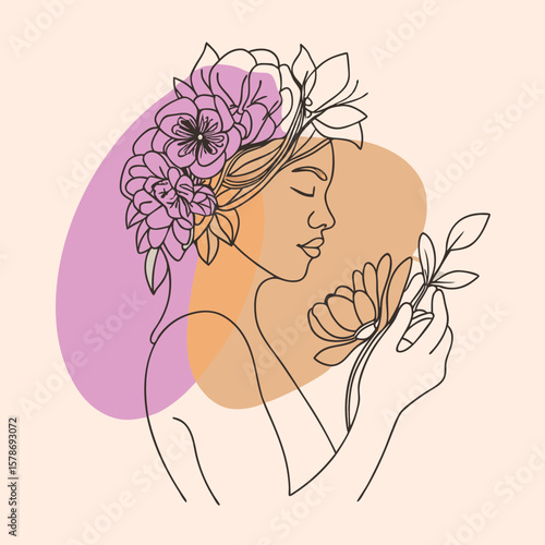 Minimalist Woman Line Art with Flowers – Elegant Portrait Illustration