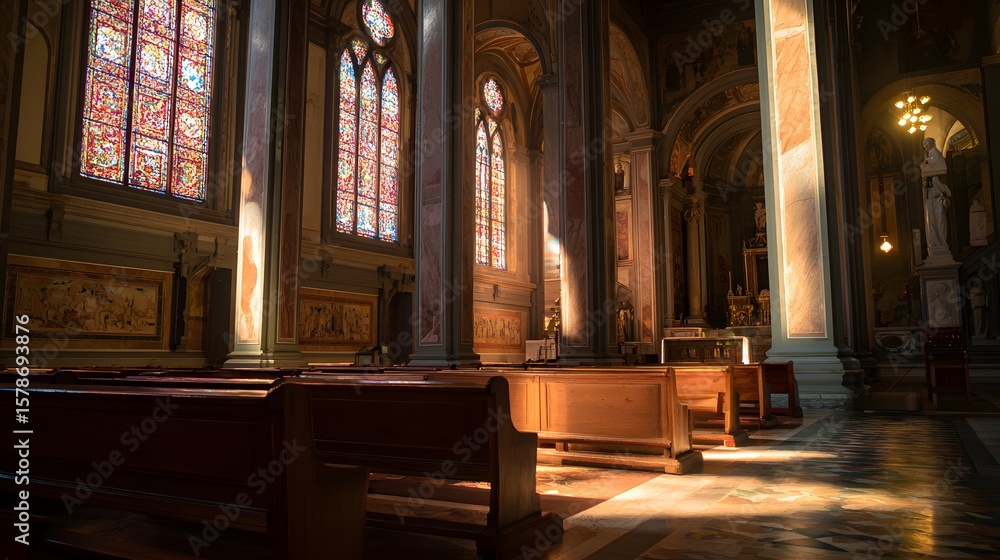 Fototapeta premium Wide-angle cathedral interior bathed in warm light