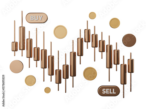 Dynamic financial chart with buy and sell indicators, golden coins, candle sticks showing stock market trend on a black background.