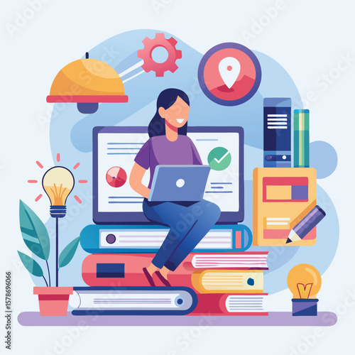 Woman working on laptop surrounded by books and learning symbols